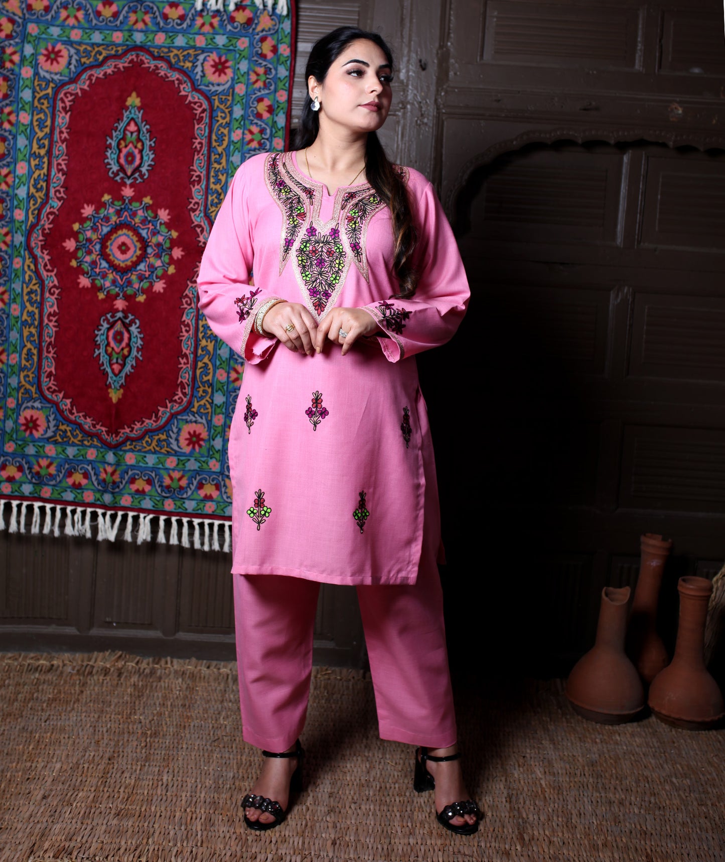Baby Pink Multicolour Aari Floral Embroidered Kashmiri Cotton Co-Ord Set