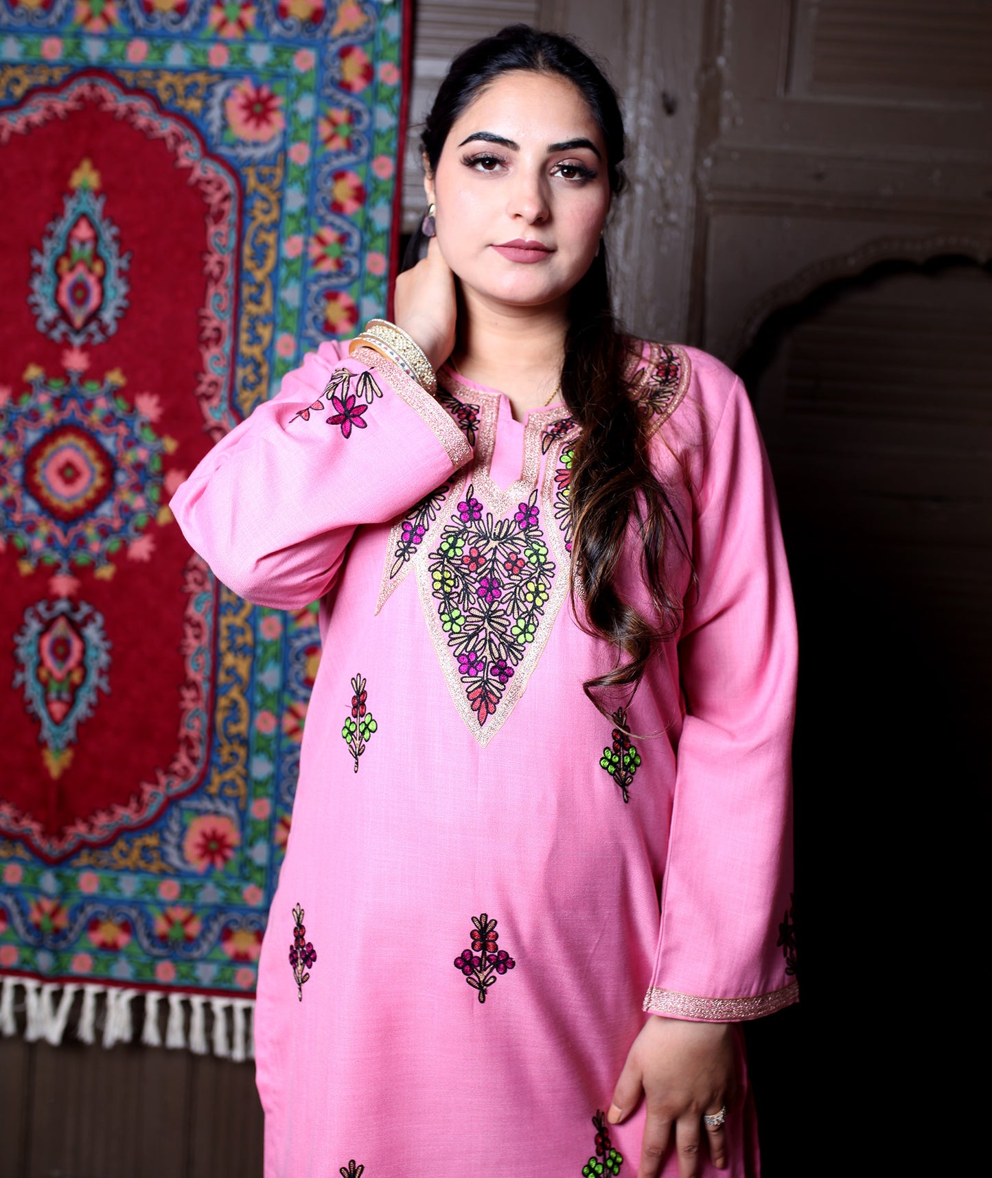 Baby Pink Multicolour Aari Floral Embroidered Kashmiri Cotton Co-Ord Set