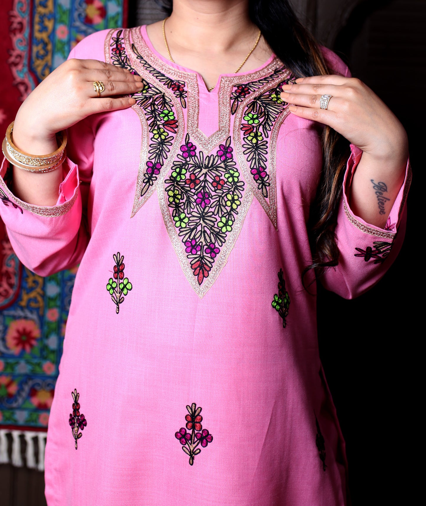 Baby Pink Multicolour Aari Floral Embroidered Kashmiri Cotton Co-Ord Set