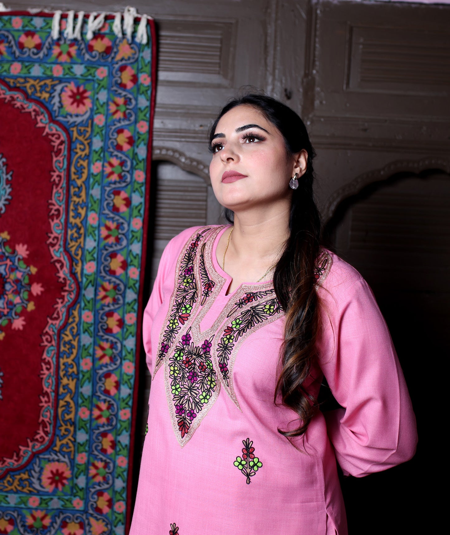 Baby Pink Multicolour Aari Floral Embroidered Kashmiri Cotton Co-Ord Set