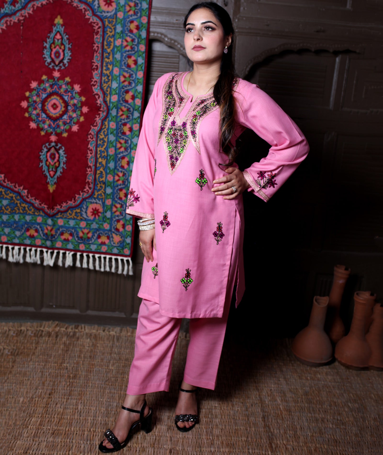 Pink Aari & Zari Multicolour Embroidered Kashmiri Cotton Co-Ord Set