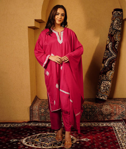 Raspberry Pink Tilla Embroidered Woolen Suit With Shawl