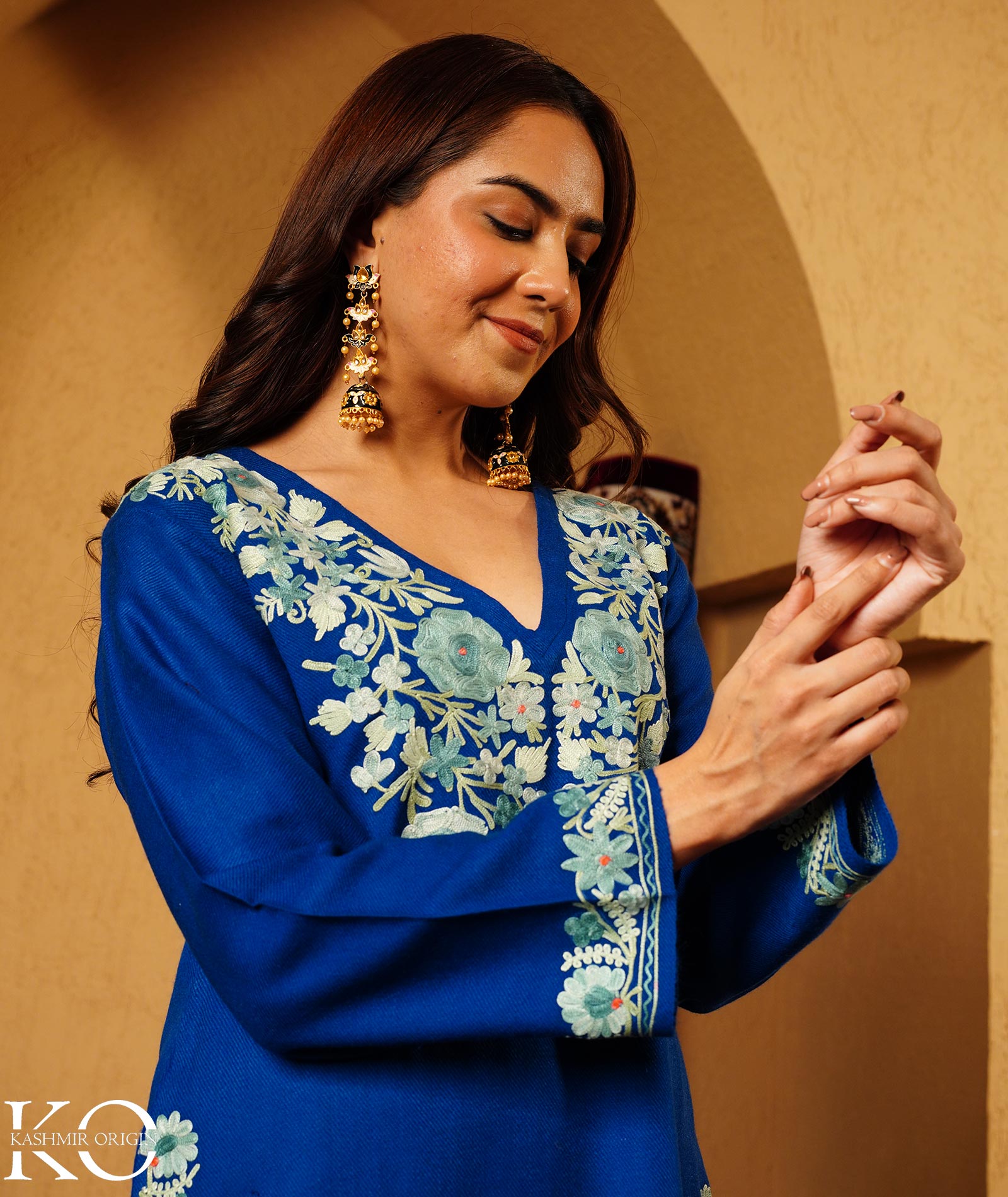 Royal Blue Aari Embroidered Woolen Co-ord Set