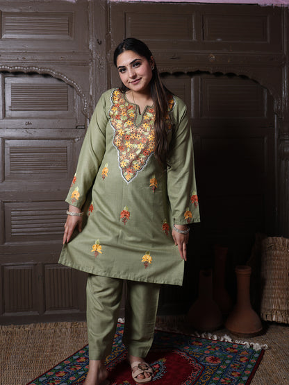 Olive Green Floral Aari Embroidered Kashmiri Cotton Co-Ord Set