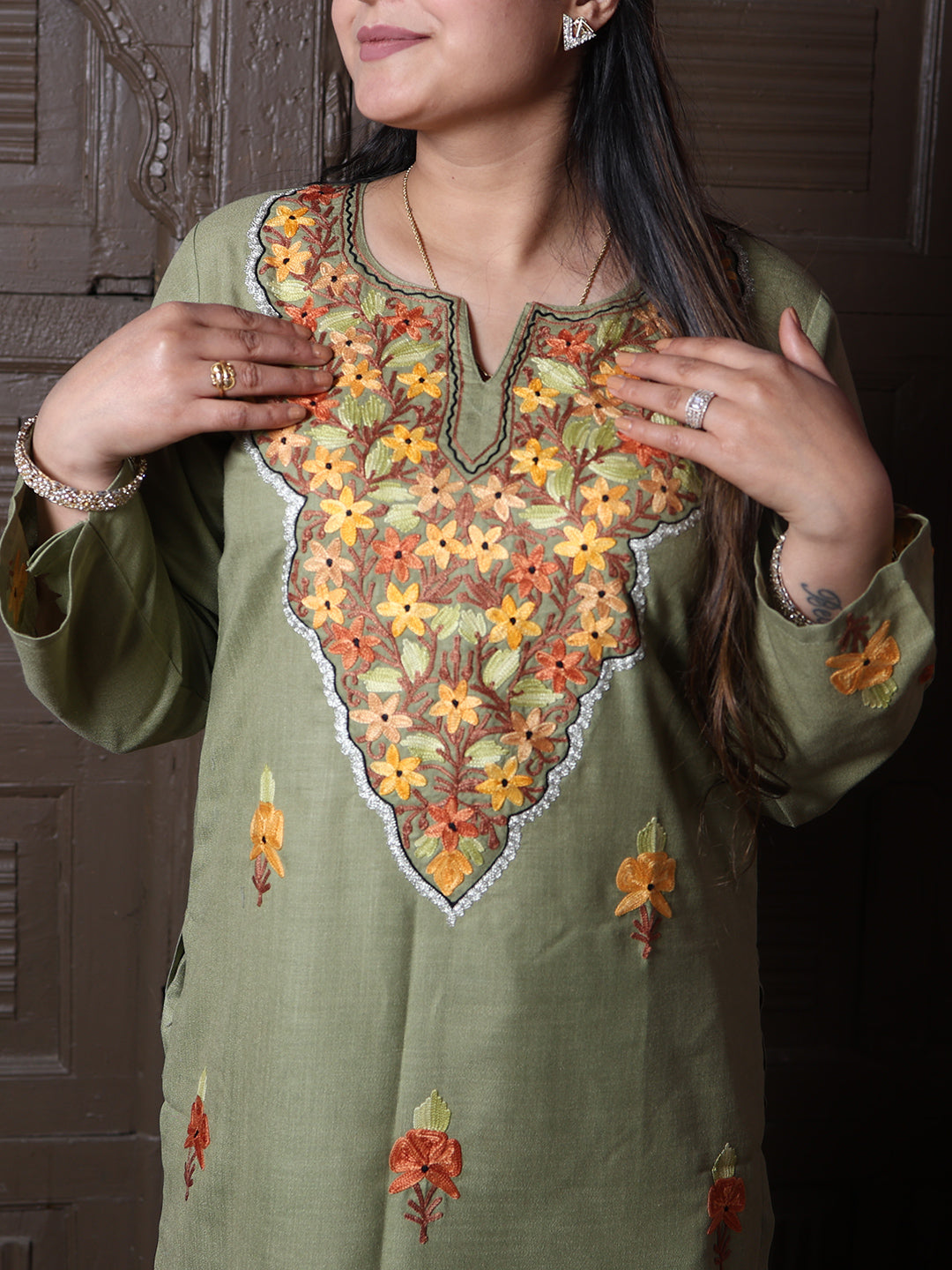 Olive Green Floral Aari Embroidered Kashmiri Cotton Co-Ord Set