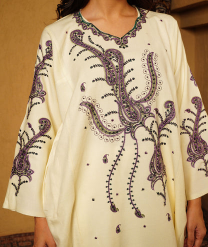Ivory Sozni Embroidered Woolen Kashmiri Pheran