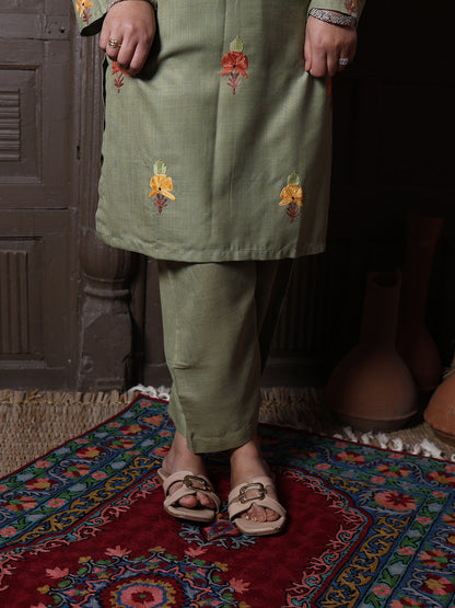 Olive Green Floral Aari Embroidered Kashmiri Cotton Co-Ord Set
