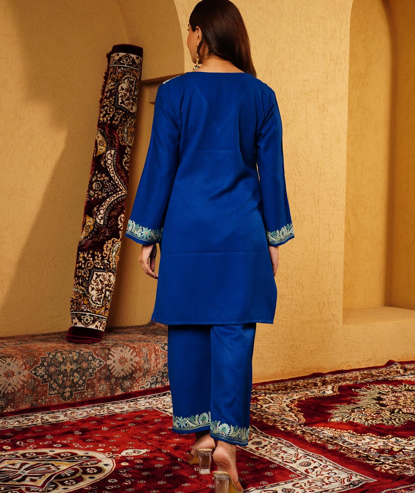 Royal Blue Aari Embroidered Woolen Co-ord Set