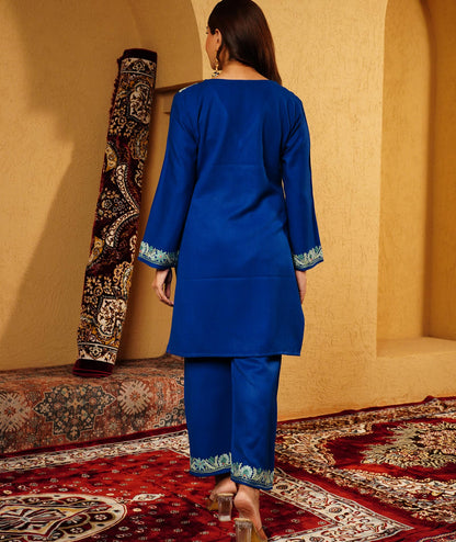 Royal Blue Aari Embroidered Woolen Co-ord Set