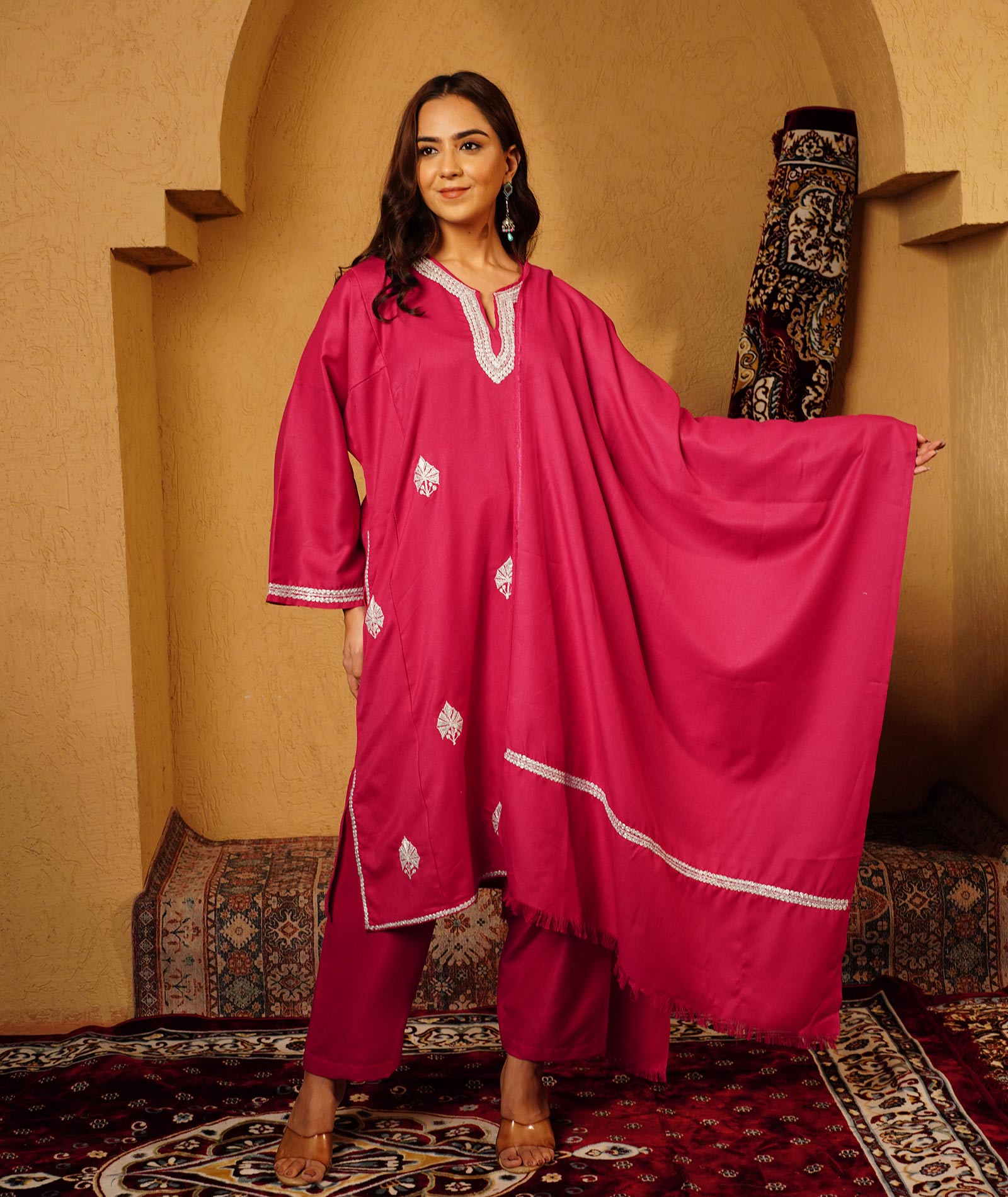 Raspberry Pink Tilla Embroidered Woolen Suit With Shawl
