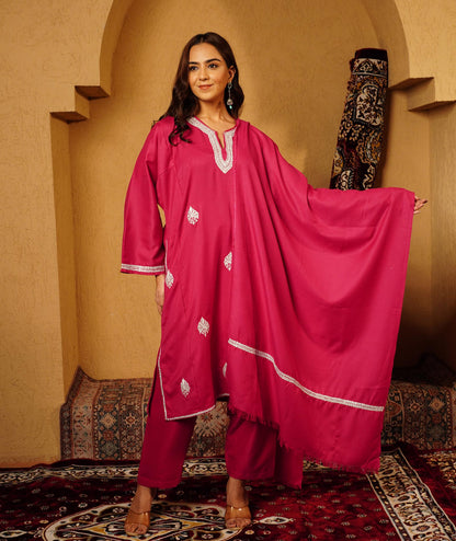 Raspberry Pink Tilla Embroidered Woolen Suit With Shawl