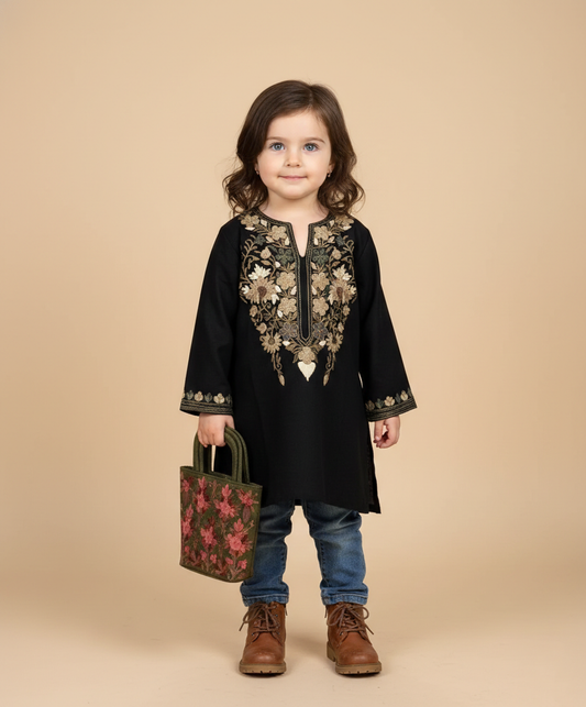 Black Poshnaal Aari Embroidered Woolen Kids Pheran | Girls Pheran | Kids Wear