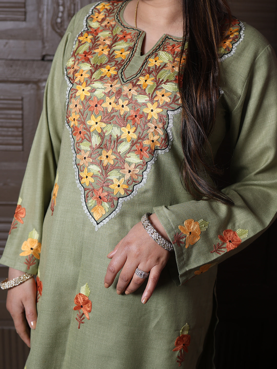 Olive Green Floral Aari Embroidered Kashmiri Cotton Co-Ord Set