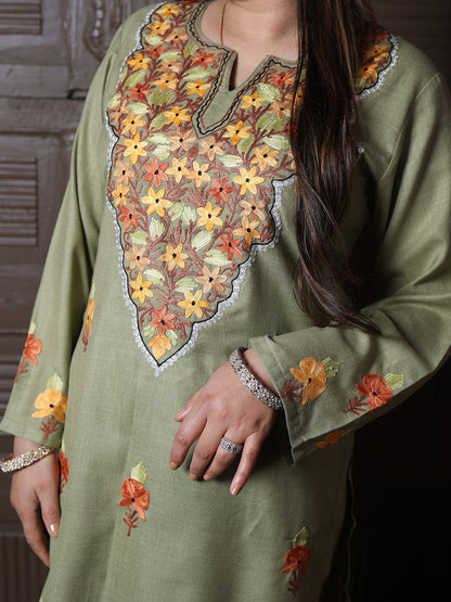 Olive Green Floral Aari Embroidered Kashmiri Cotton Co-Ord Set
