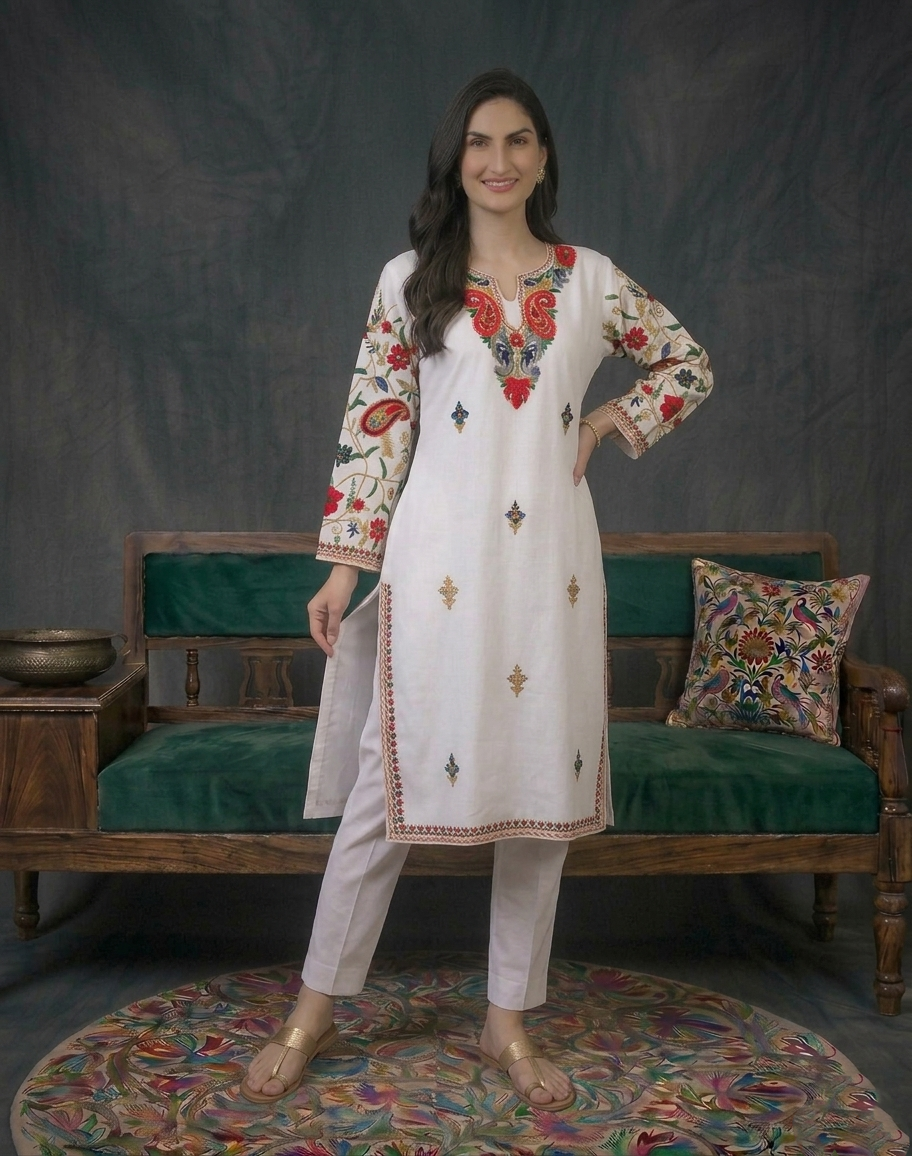 Multicolored Arm Design Aari Embroidered White Cotton Kurti