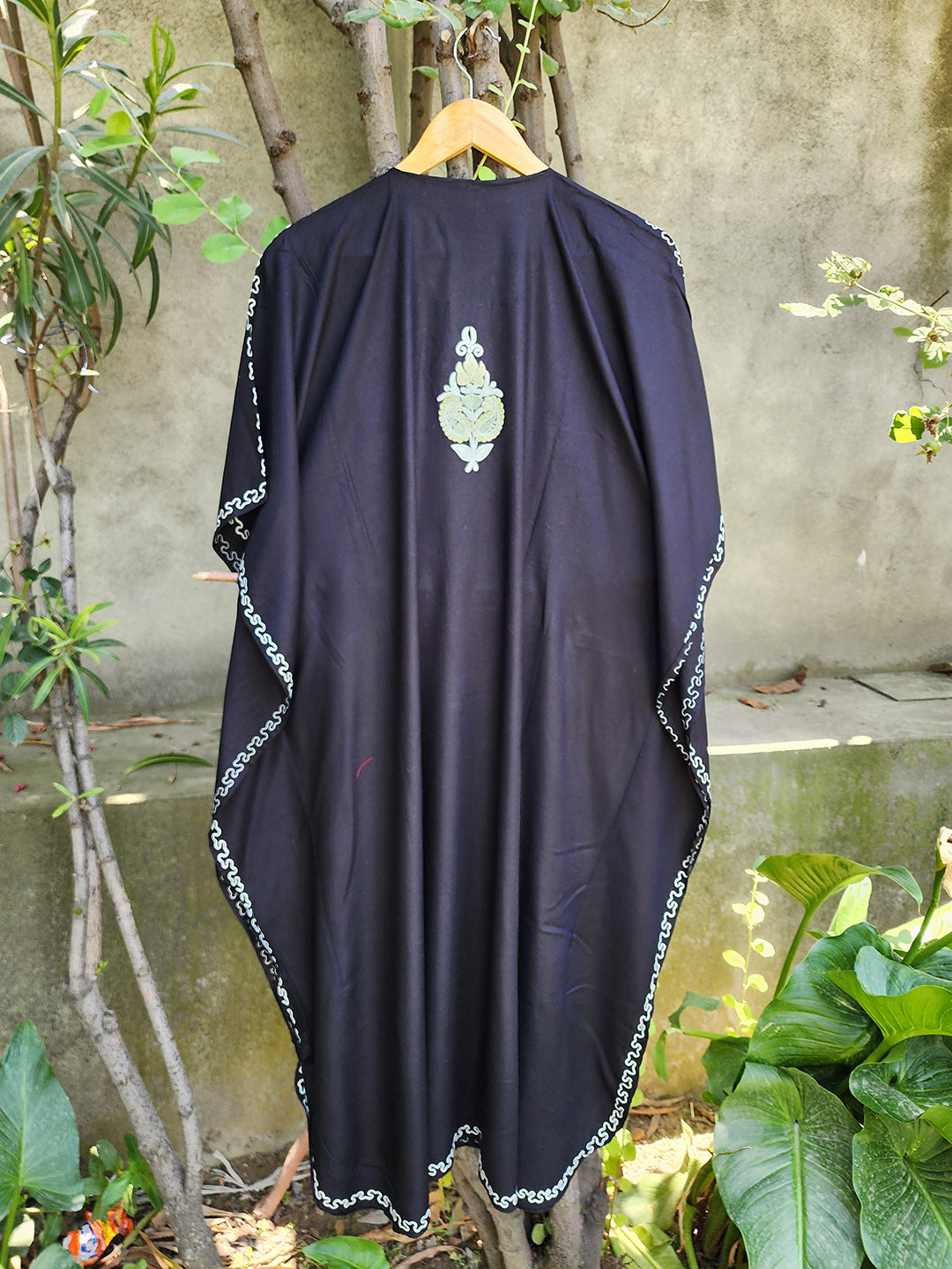 Black Paisley Aari Embroidered Rayon Cotton Kaftan