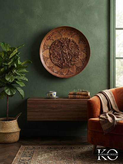 Round Shaped Hand Carved Kashmiri Meticulously Crafted Walnut Wood Plate