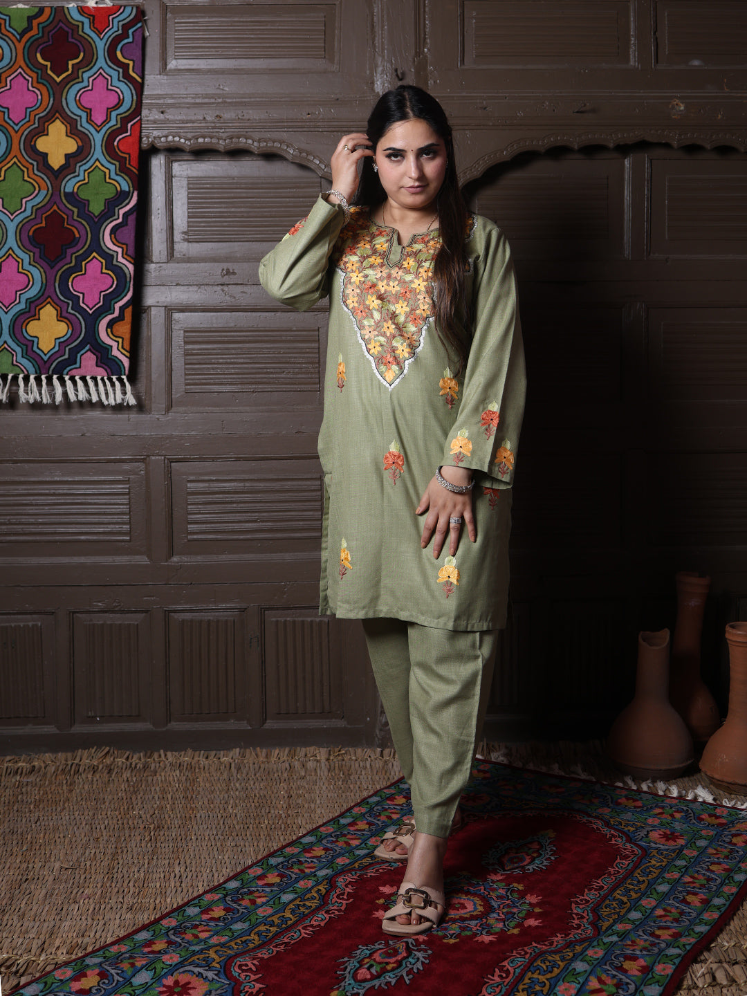 Olive Green Floral Aari Embroidered Kashmiri Cotton Co-Ord Set