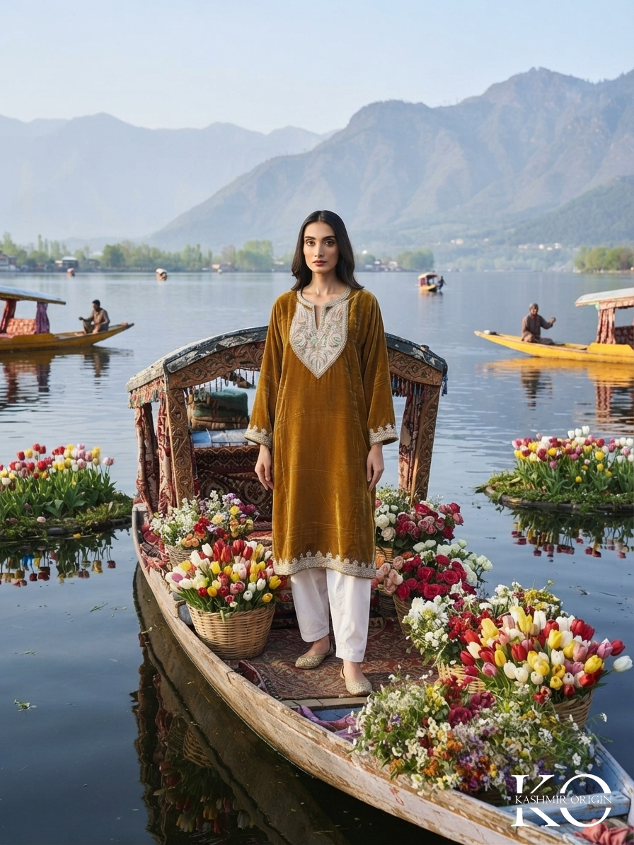 Brown velvet Tilla pheran – front view – Kashmir Origin