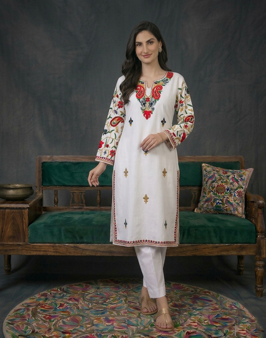 Multicolored Arm Design Aari Embroidered White Cotton Kurti