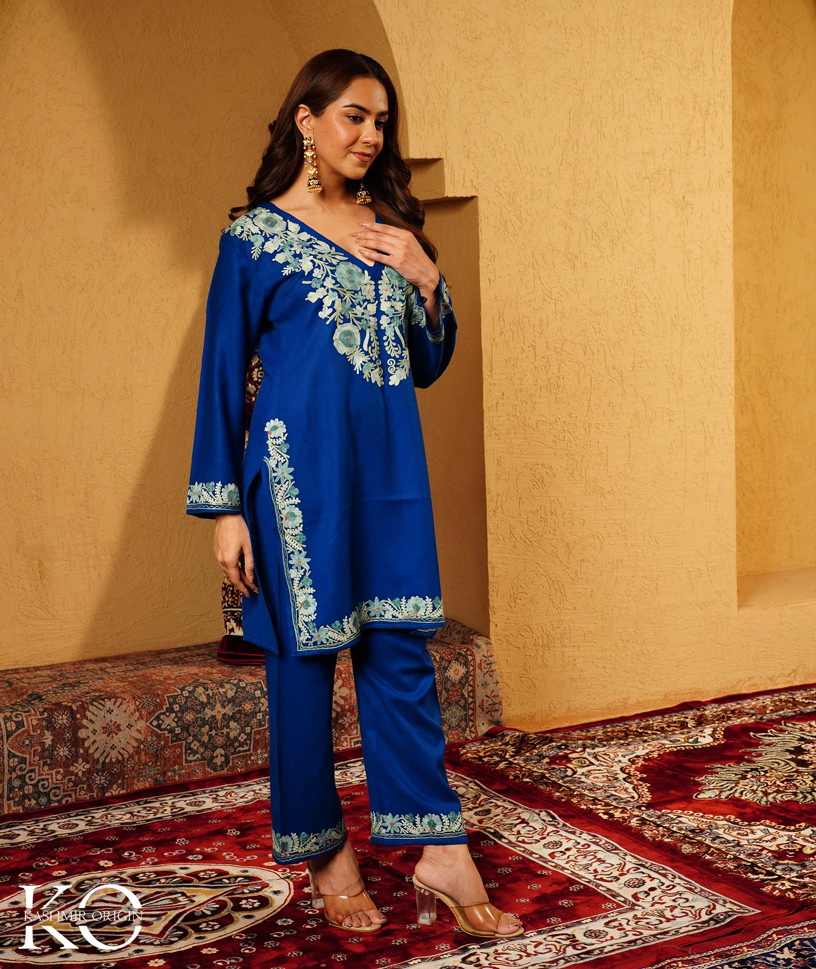 Royal Blue Aari Embroidered Woolen Co-ord Set