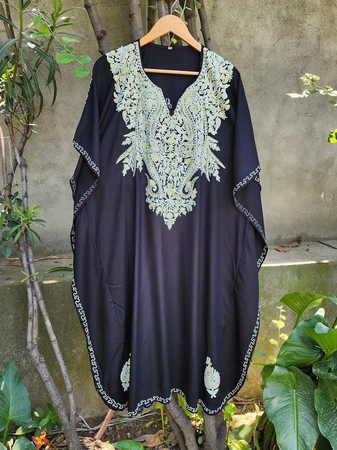 Black Paisley Aari Embroidered Rayon Cotton Kaftan