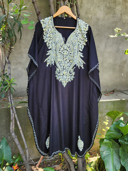 Black Paisley Aari Embroidered Rayon Cotton Kaftan