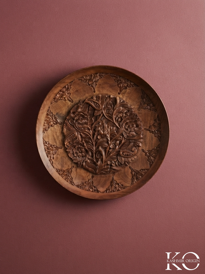 Round Shaped Hand Carved Kashmiri Meticulously Crafted Walnut Wood Plate
