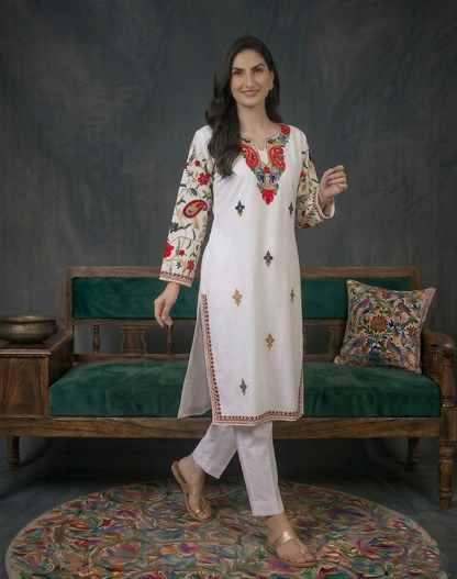 Multicolored Arm Design Aari Embroidered White Cotton Kurti