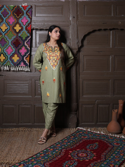 Olive Green Floral Aari Embroidered Kashmiri Cotton Co-Ord Set