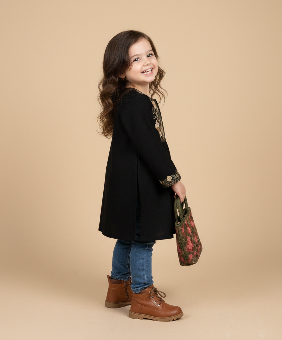 Black Poshnaal Aari Embroidered Woolen Kids Pheran | Girls Pheran | Kids Wear