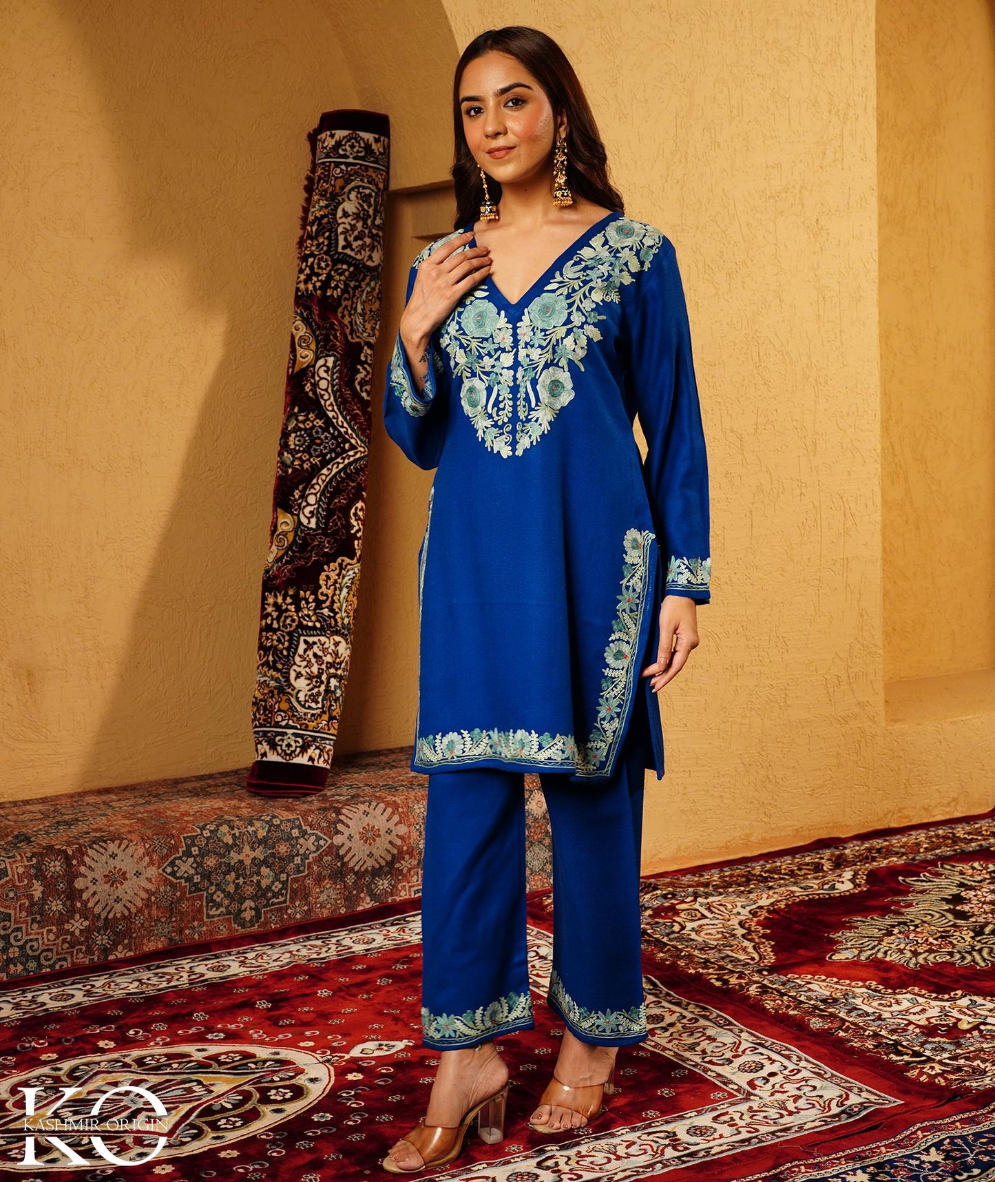 Royal Blue Aari Embroidered Woolen Co-ord Set