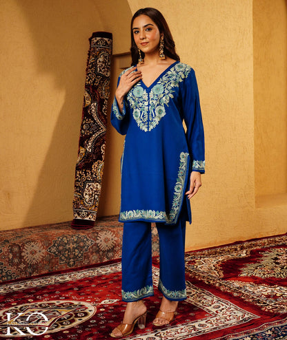 Royal Blue Aari Embroidered Woolen Co-ord Set