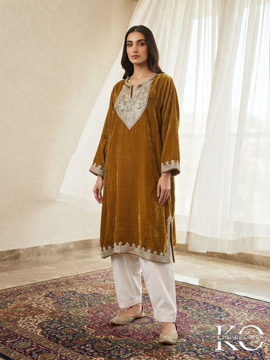 Gold Tilla embroidery on brown velvet Kashmiri pheran