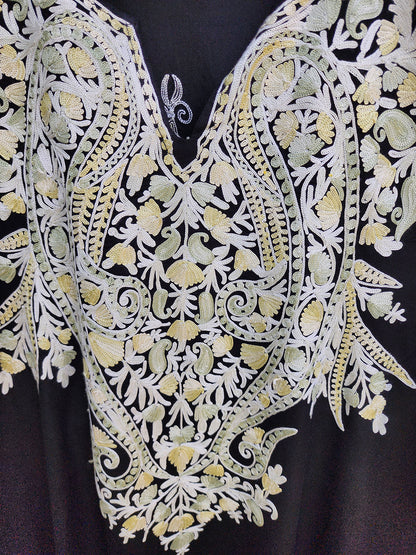 Black Paisley Aari Embroidered Rayon Cotton Kaftan
