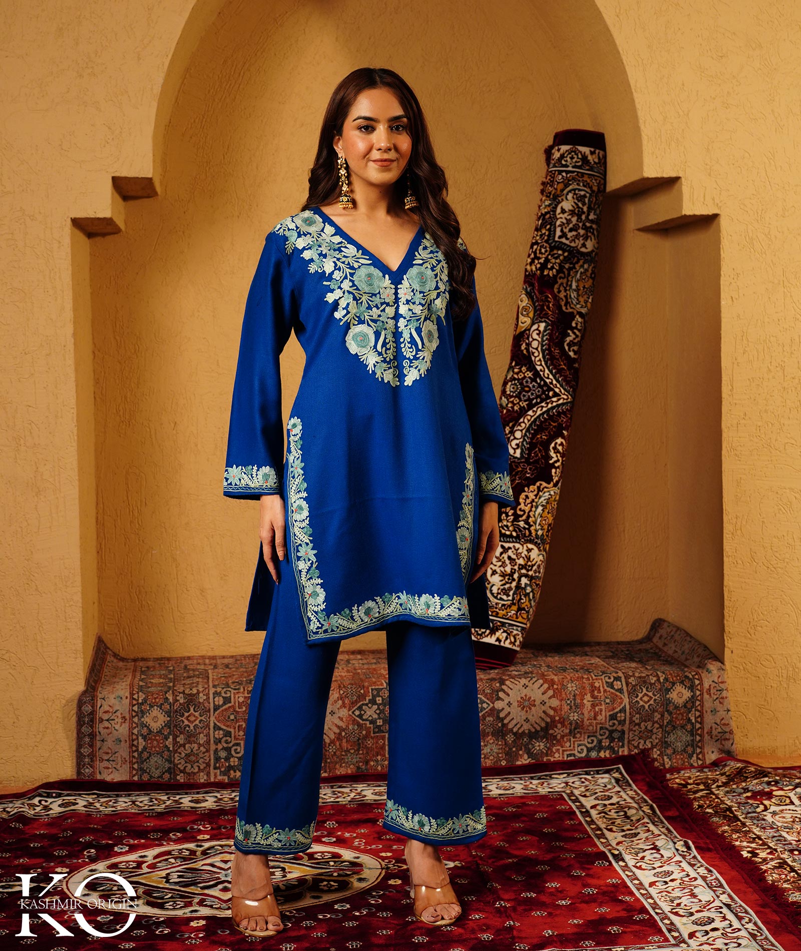 Royal Blue Aari Embroidered Woolen Co-ord Set