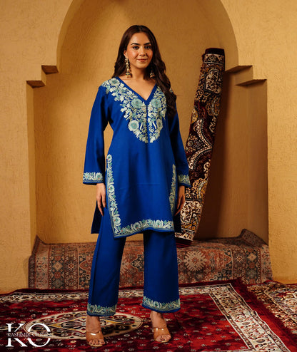 Royal Blue Aari Embroidered Woolen Co-ord Set