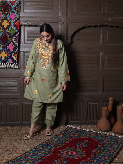 Olive Green Floral Aari Embroidered Kashmiri Cotton Co-Ord Set