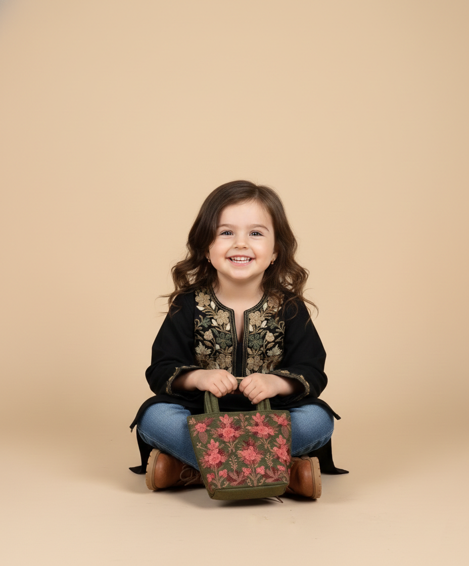 Black Poshnaal Aari Embroidered Woolen Kids Pheran | Girls Pheran | Kids Wear