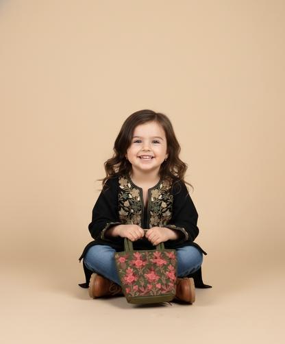 Black Poshnaal Aari Embroidered Woolen Kids Pheran | Girls Pheran | Kids Wear