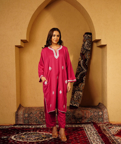 Raspberry Pink Tilla Embroidered Woolen Suit With Shawl