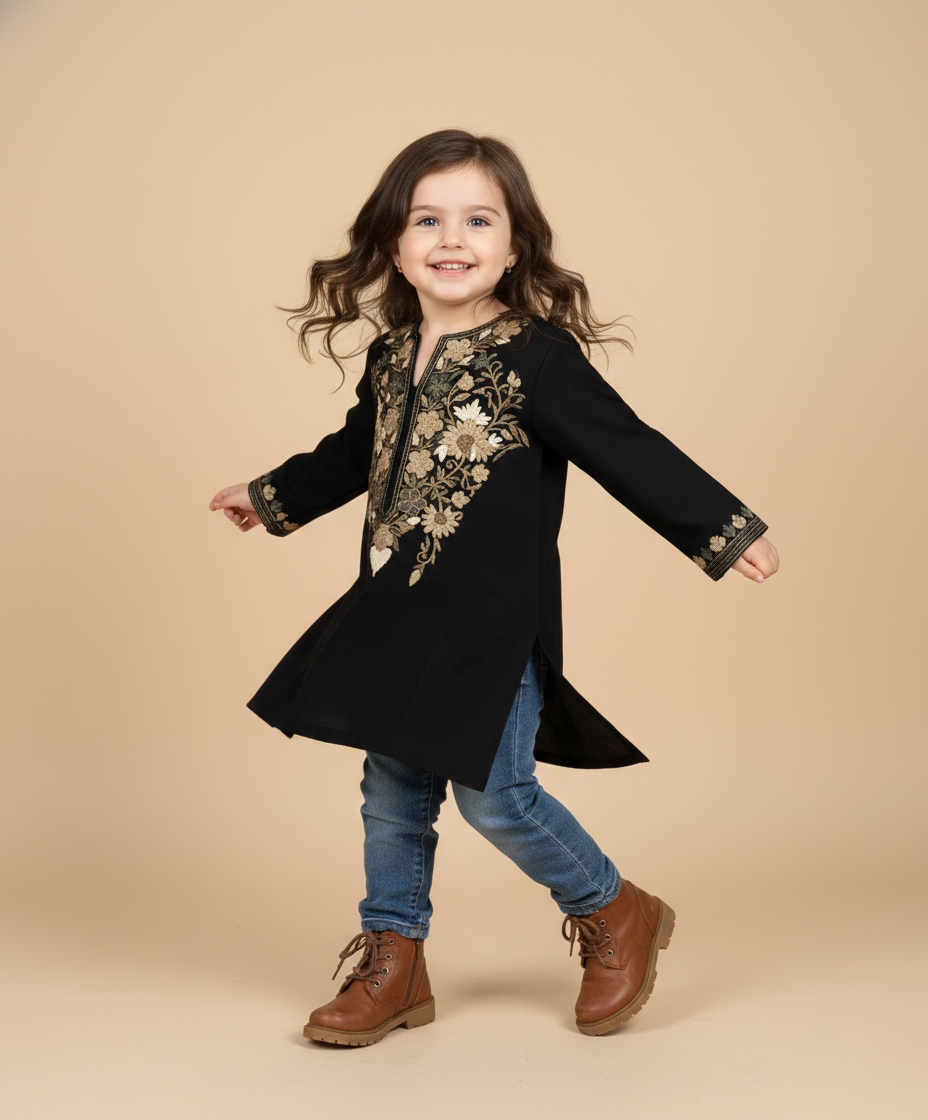 Black Poshnaal Aari Embroidered Woolen Kids Pheran | Girls Pheran | Kids Wear