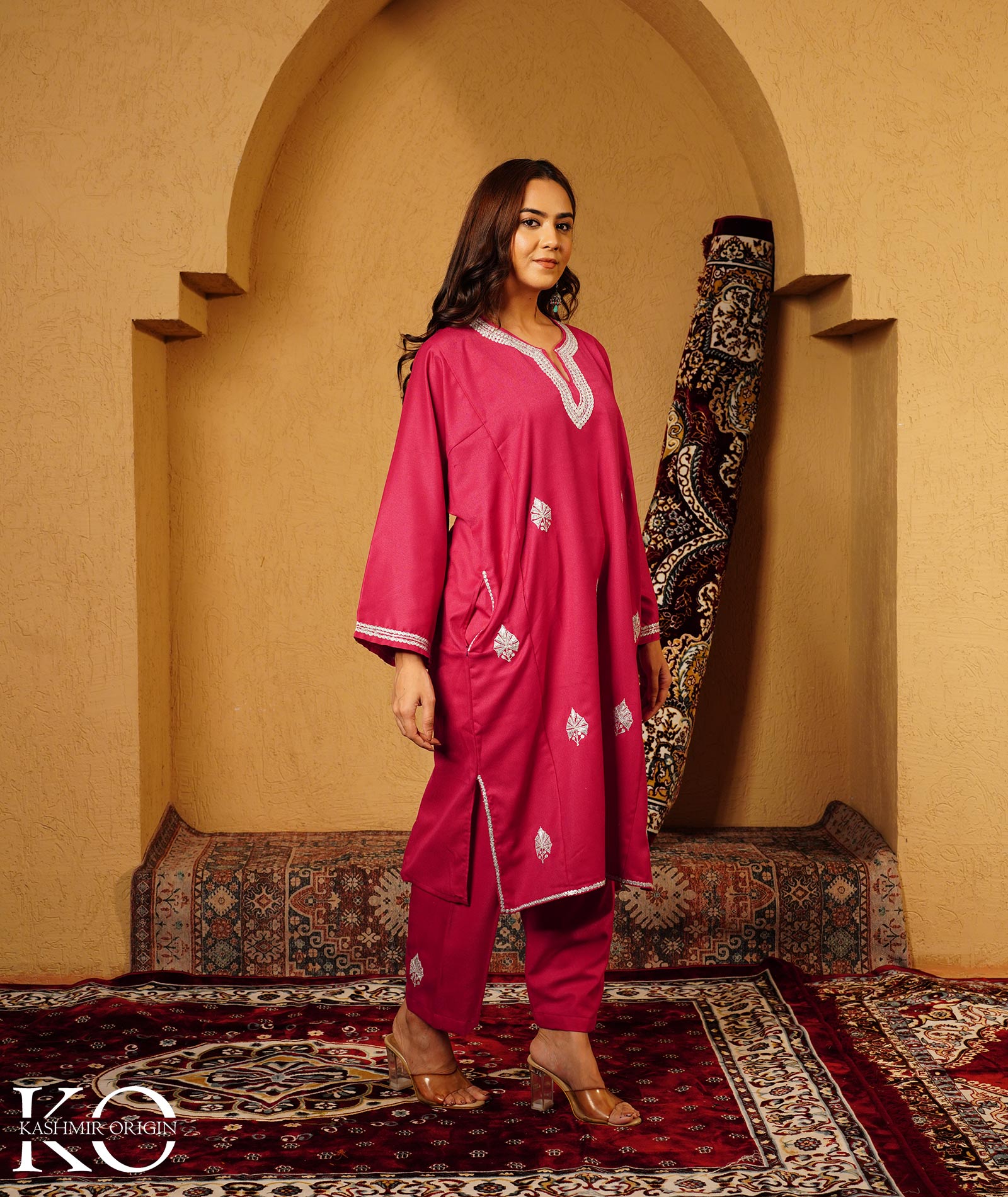 Raspberry Pink Tilla Embroidered Woolen Suit With Shawl