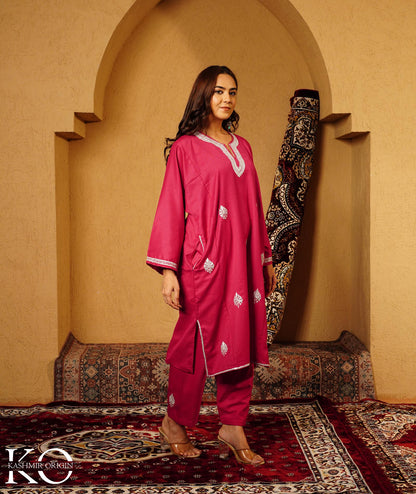 Raspberry Pink Tilla Embroidered Woolen Suit With Shawl