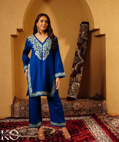 Royal Blue Aari Embroidered Woolen Co-ord Set