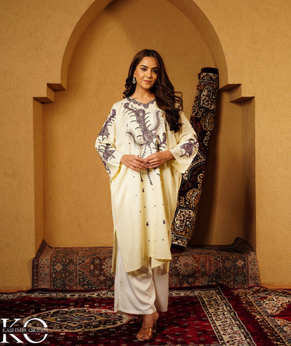 Ivory Sozni Embroidered Woolen Kashmiri Pheran