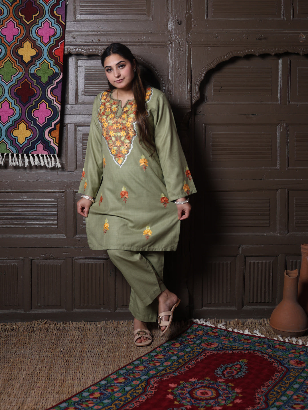 Olive Green Floral Aari Embroidered Kashmiri Cotton Co-Ord Set