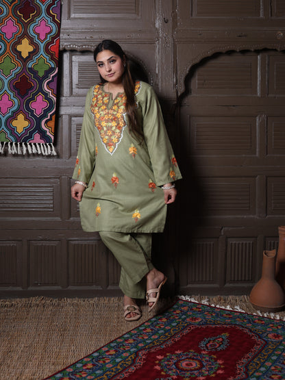 Olive Green Floral Aari Embroidered Kashmiri Cotton Co-Ord Set