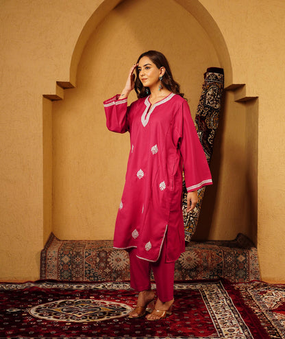 Raspberry Pink Tilla Embroidered Woolen Suit With Shawl