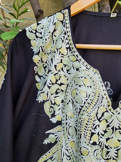 Black Paisley Aari Embroidered Rayon Cotton Kaftan